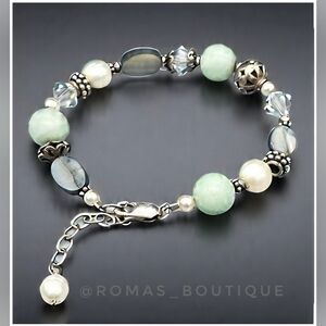Sterling Silver 925 Green Stone And Pearl Beaded Bracelet